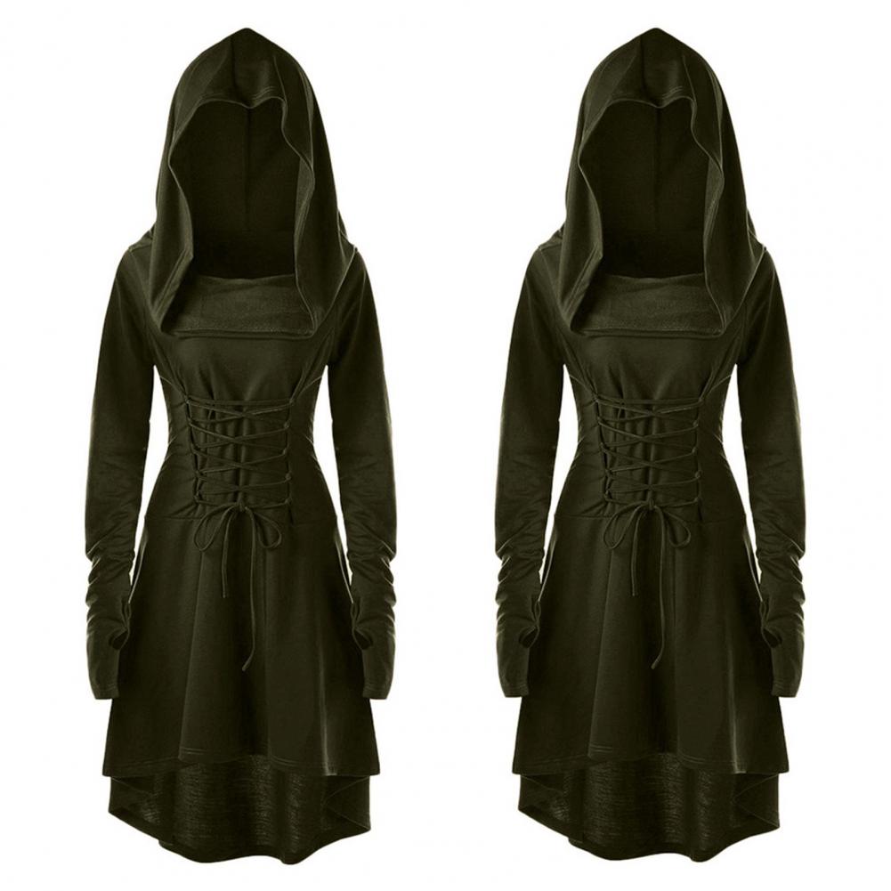 Women Cosplay Dress Gothic Solid Color Lace-up Strap Slim Waist Irregular Hem Hooded Long Sleeves Theme Parties Role-Playing St Practical Use