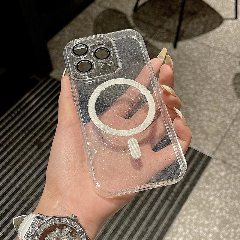Роскошный блестящий чехол Magsafe для беспроводной зарядки iPhone 15 14 13 12 11 ProMax, ударопрочный прозрачный магнитный мягкий бампер