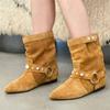 New Women Leather Ankle Boots Thick Low Heels Pointed Toe Western Cowboy Boots Warm Autumn Winter Short Shoes Woman