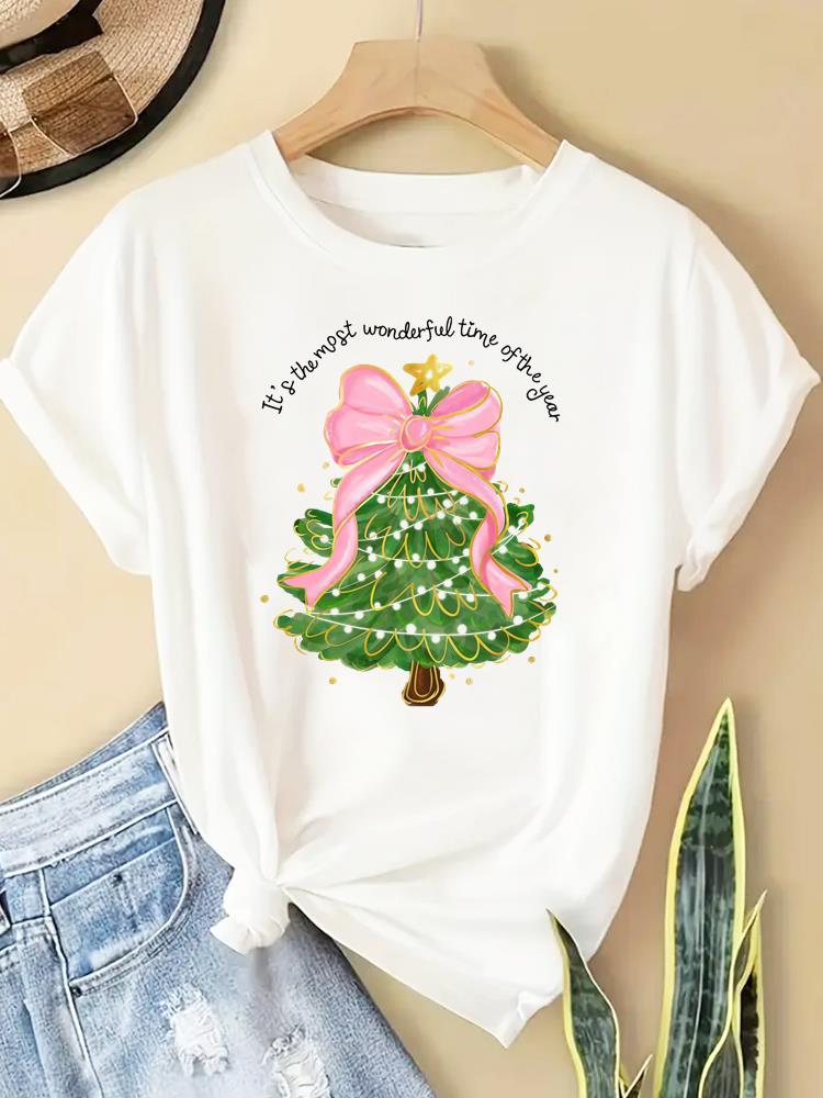 (Asian Size) New Year T Clothing Short Sleeve T-shirts Print Merry Christmas Letter 90s Trend Cute O-neck Women's Top Fashion Holiday Graphic Tee