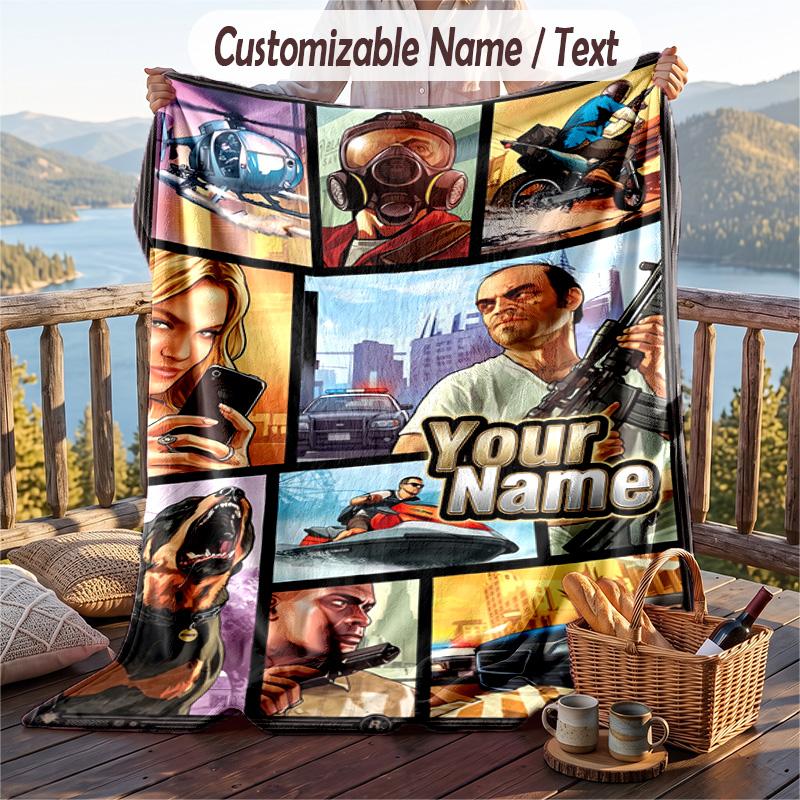 GTA Flannel Blanket, Personalized Custom Name Text, Soft Warm Plush Throw Blanket For Gift
