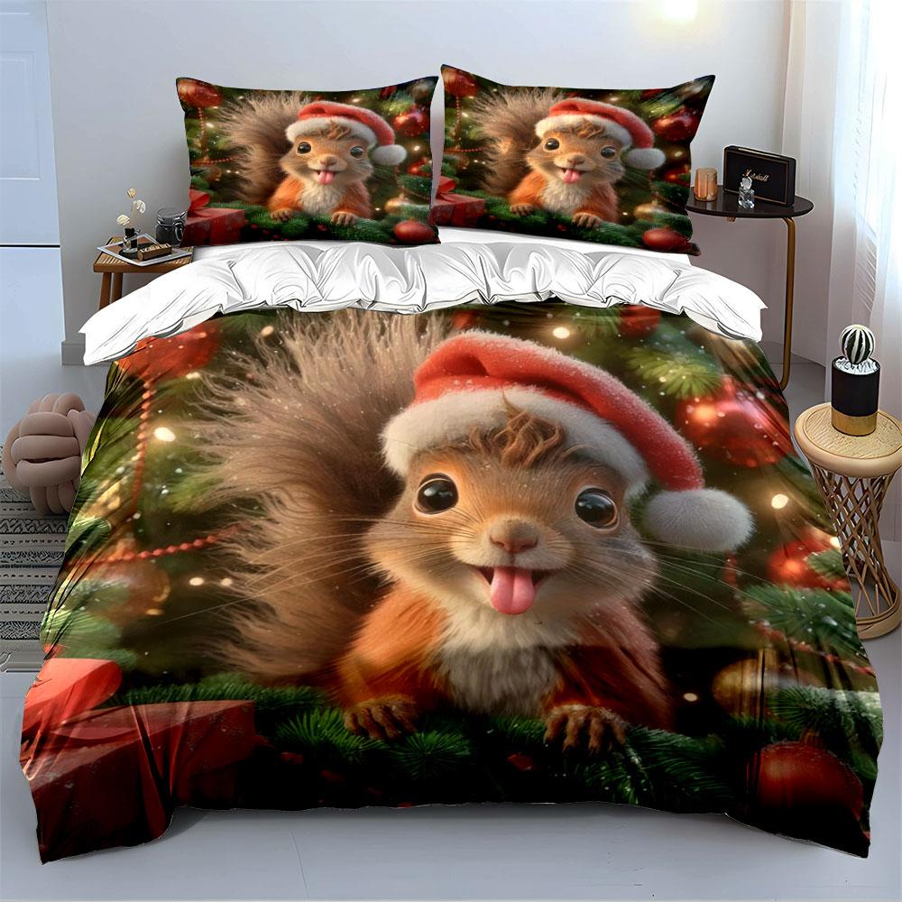 Christmas Squirrel in Santa Hat Bedding Duvet Cover Set (1*Duvet Cover 2*Pillowcases, without duvet insert)
