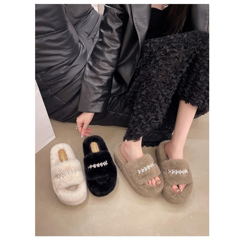Осень и Зима Новые Жемчужные Сказочные Меховые Тапочки Милые Домашние Толстая Подошва Старшие Меховые Тапочки