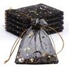 Moon & Star Printed Drawstring Organza Bags, Black, Candy Gift Bags, for Cosmetics, Party, Jewelry and Festivals, 3.5x4.7inch (9x12cm)