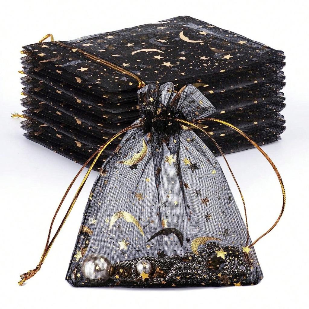 Moon & Star Printed Drawstring Organza Bags, Black, Candy Gift Bags, for Cosmetics, Party, Jewelry and Festivals, 3.5x4.7inch (9x12cm)
