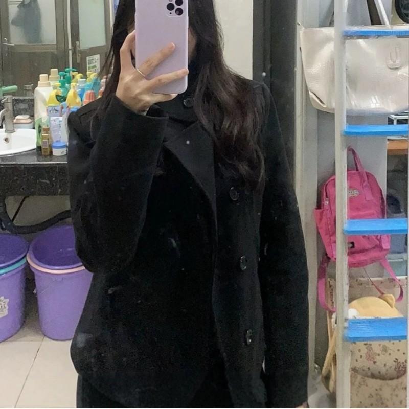 Womens Black Cotton Padded Short Wool Jacket Slim Fit Stand Collardiagonal Buttondiagonal PlacketWomens