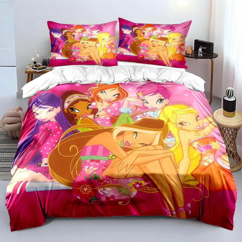 Beautiful Girls W-winx Cartoon Pattern Duvet Cover Set Digital Print Colorful Polyester Bedding with Zipper Closur for Kids Gift