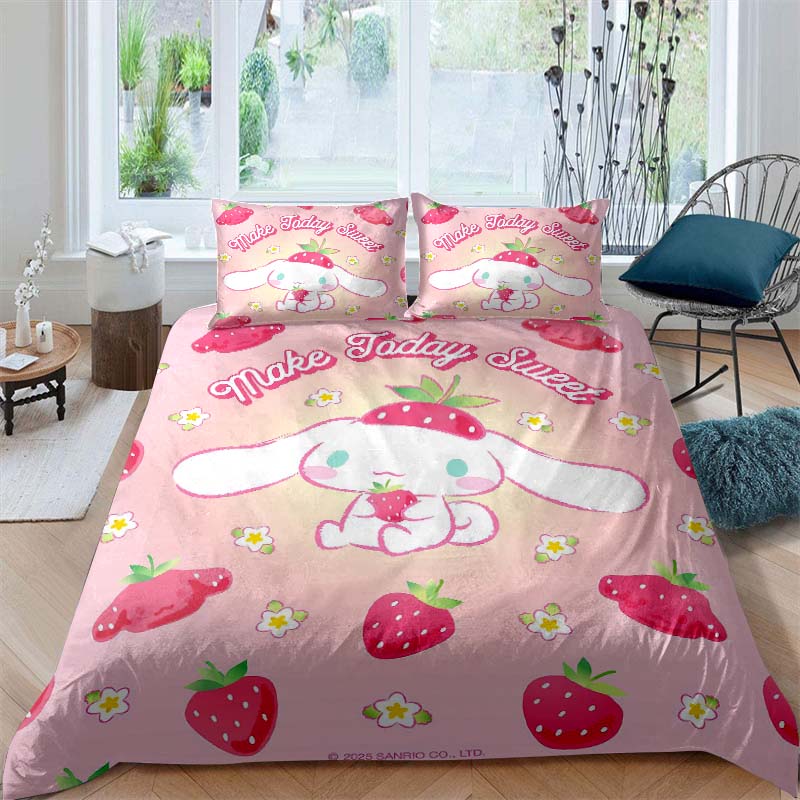 3D printed cartoon Cinnamoroll themed three-piece bedding set, including duvet cover and pillowcases, a perfect holiday gift.