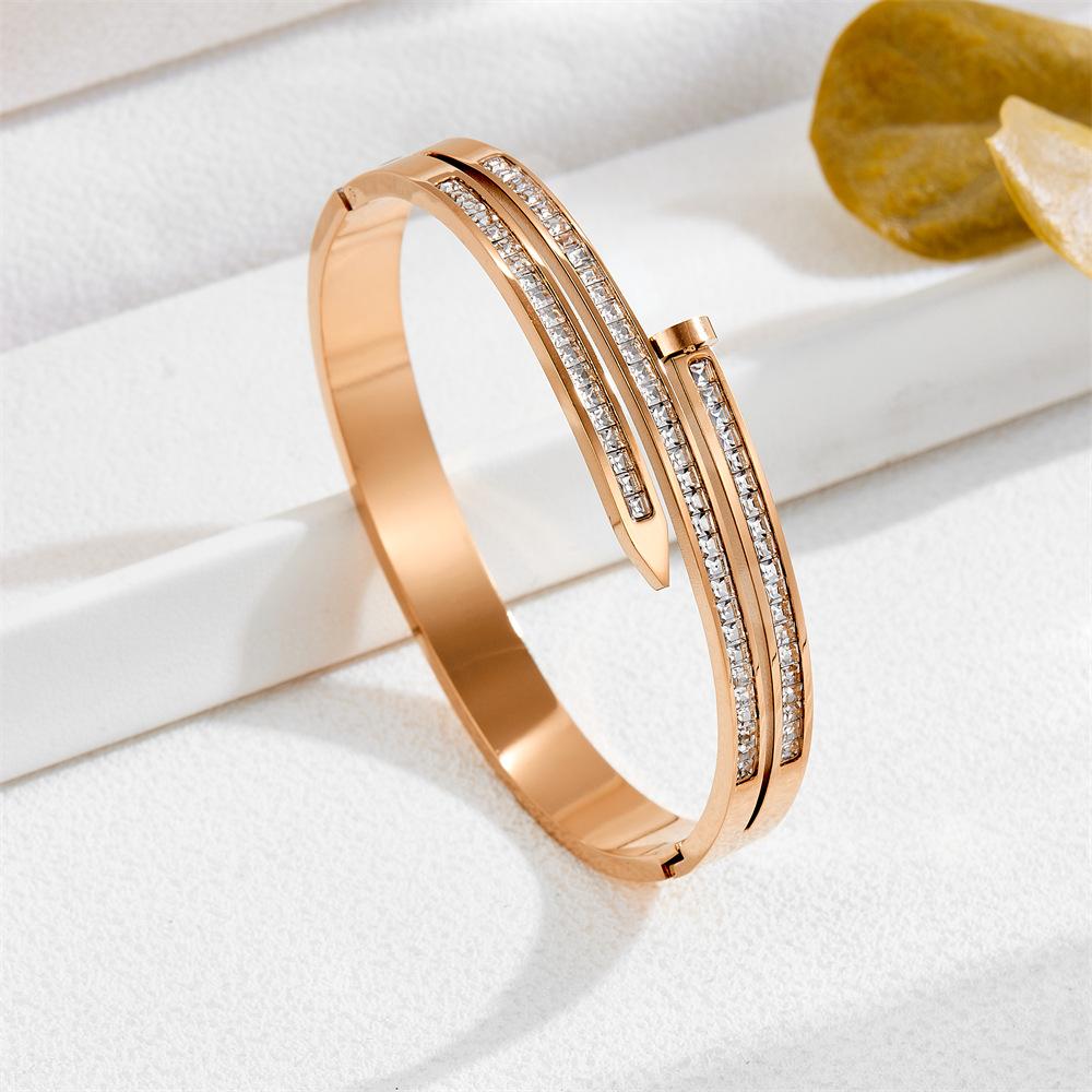 Diamond-encrusted Nail Bracelet, Three-row Ladder Square Diamond Bracelet, Light Luxury Temperament, Personality Trend INS Style