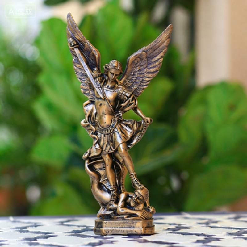 Retro Bronzed San Miguel Arcangel Statue Resin Saint Michael Angel Figurine Home Desktop Blessing Decoration Ornament