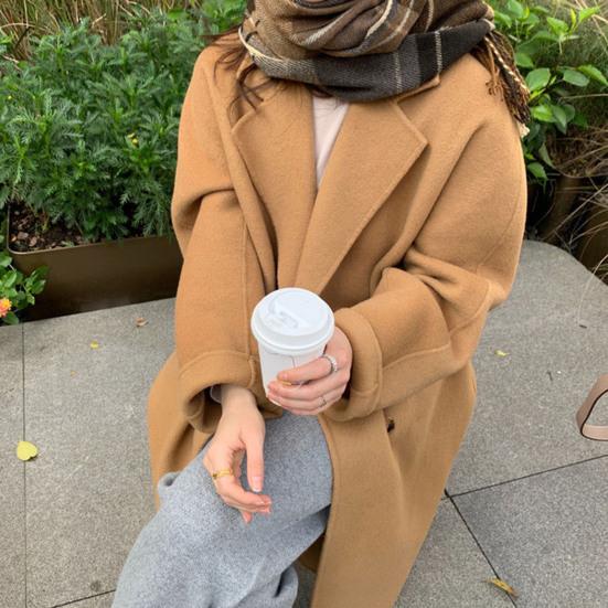 Женское зимнее шерстяное пальто, утолщенное двубортное длинное стильное однотонное пальто с длинными рукавами, свободный Тренч с лацканами и вырезом на воротнике