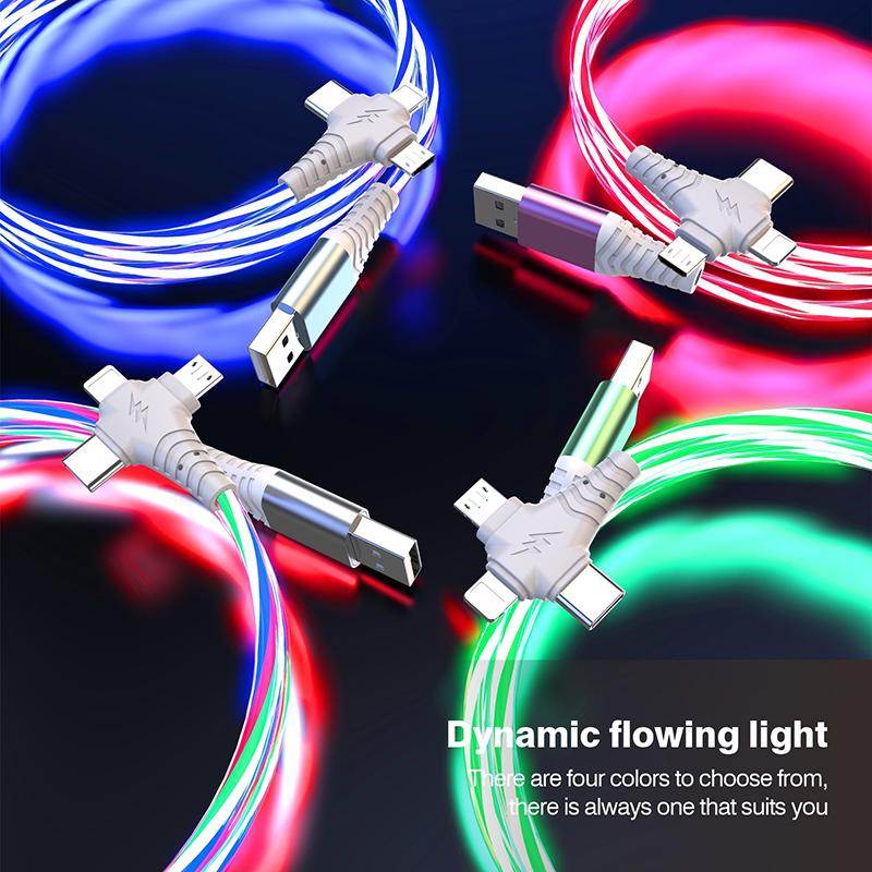 Светодиодный светящийся кабель для зарядки с эффектом потока 3 в 1, светящийся, для быстрой зарядки, Micro USB, Type-C, длина 1 метр, для фото, провод