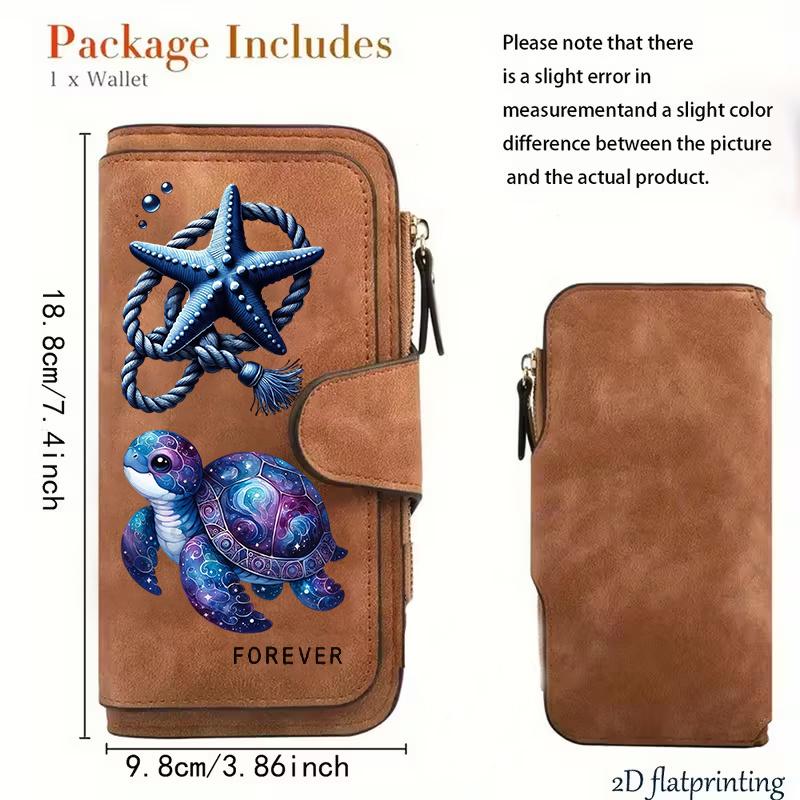1 Piece Turtle Starfish Women's Long Wallet Tri-fold Card Holder with Multiple Slots Printed Zipper Wallet Cash ID Credit Card Organizer for Travel