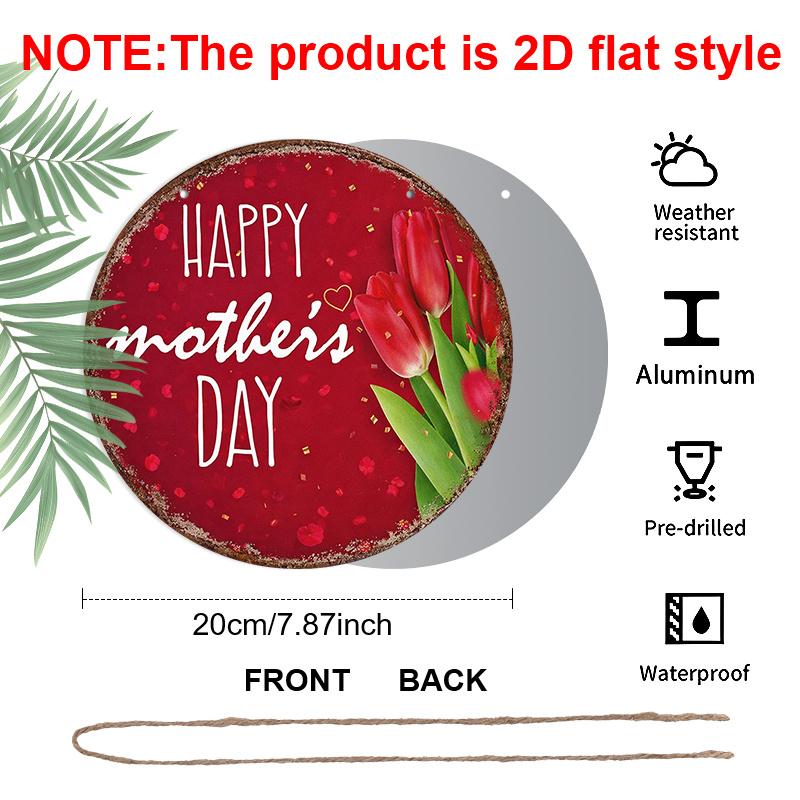 2D Flat, 1pc Round Aluminum Hanging Sign - "Happy Mother's Day" Vintage Dutch Tulip Flower Metal Wall Art, Vintage Red Petal & Heart Design, Perfect