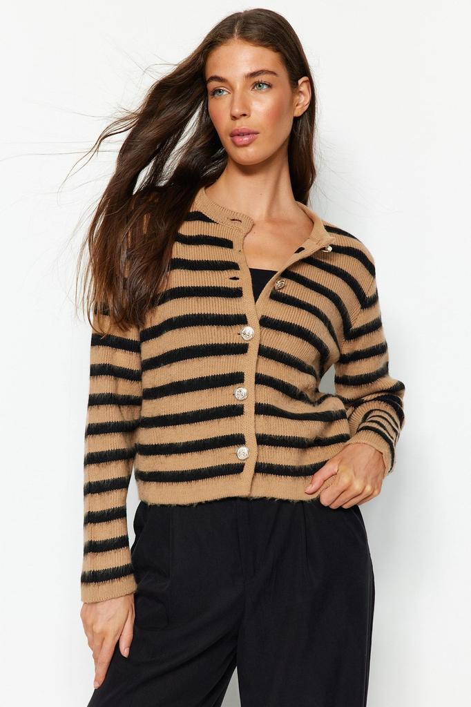 Women's Fashion Stylish Cardigan Navy Blue Soft Textured Striped Jacket Look Knitwear Cardigan
