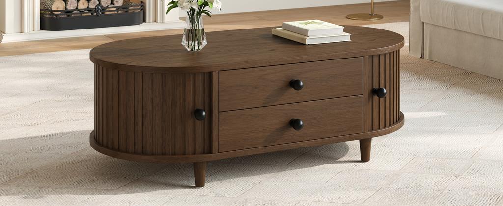 Round Coffee Table with Roller Doors, Walnut Wood, 2 Drawers, MDF Living Room Table, Solid Wood Legs, 100×50×36cm, up to 50kg Load Capacity
