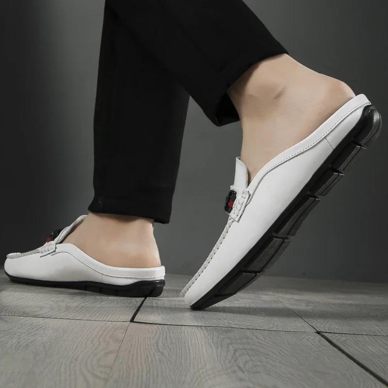 Мужские туфли Мюли Итальянские мужские тапочки Натуральная кожа Лоферы Повседневная мужская обувь Уличные Нескользящие Полутапочки Мужские На все случаи жизни