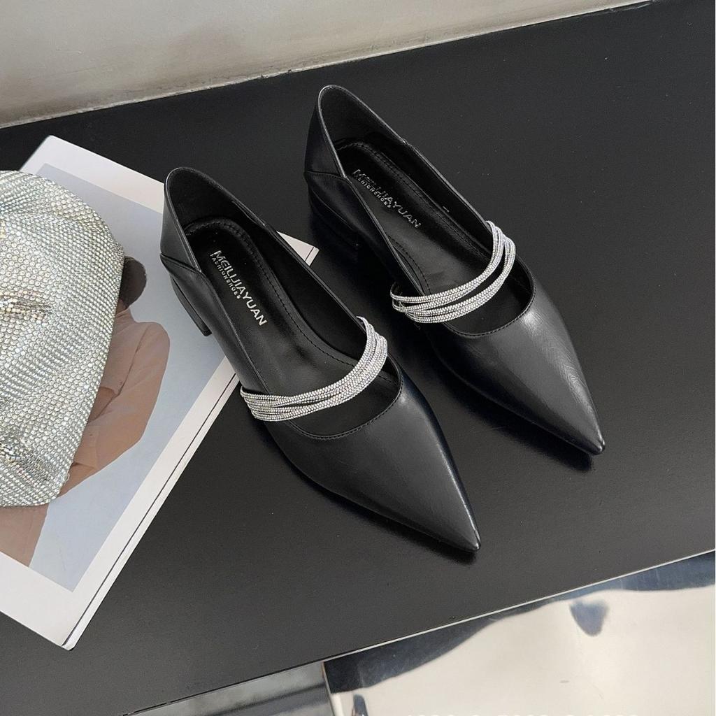 Европейская станция заостренные женские туфли 25 осень коровья кожа мелкий вырез с бриллиантами маленькая женская сумка голова плоские сандалии леди стиль мода