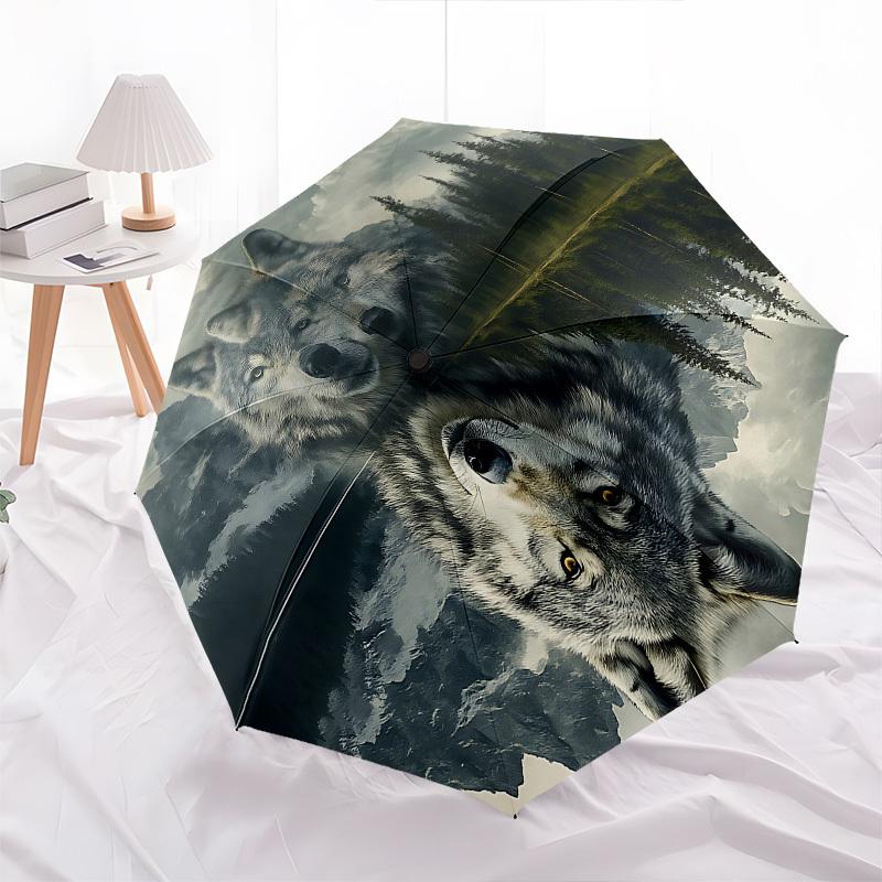 Wolf Reflection Themed Automatic Opening and Closing Umbrella, Brightly Colored 8-rib Portable Umbrella, Suitable for Men and Women, A Perfe