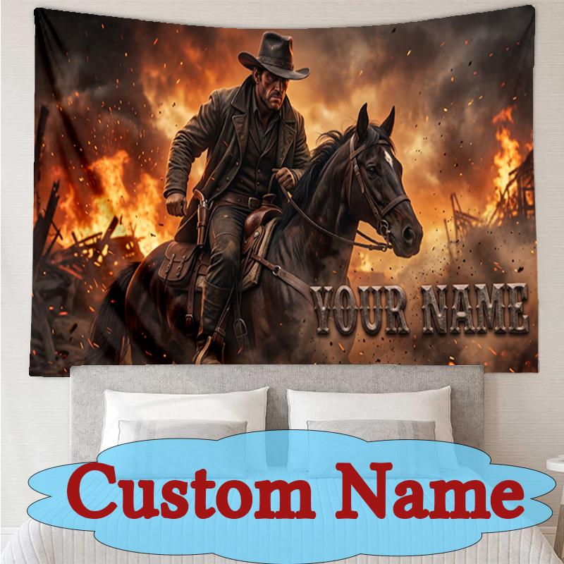 Custom Name Or Text Tapestries Wild West Cowboy Flames Bedding Wall Hanging Tapestry, Dorm Home Decor