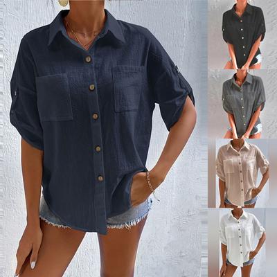 Женская модная хлопковая льняная однотонная модная блузка с карманами и пуговицами, топ