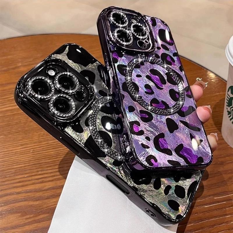 Для iPhone 16 Pro Max Роскошный чехол Magsafe Magnetic Flash Diamond Leopard Print для iPhone 11 12 13 14 15 16 Pro 14 15 16 Plus с защитой объектива