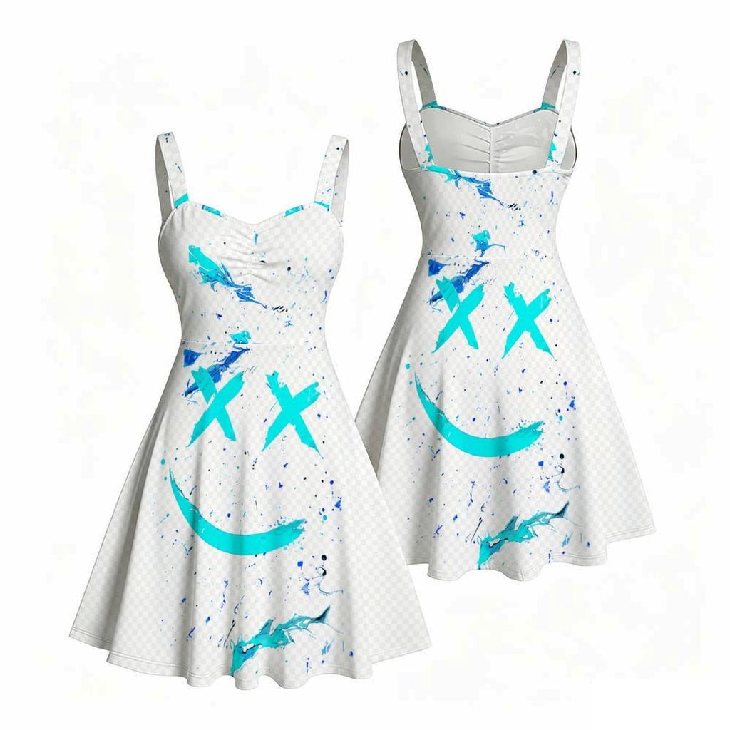 Women Plus Size White Purple Printed Sleeveless Strappy Dress Square Neck Fitted Waist Flared Hem
