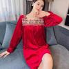Женская роскошная ночная сорочка из красного бархата - Элегантная осенне-зимняя домашняя одежда