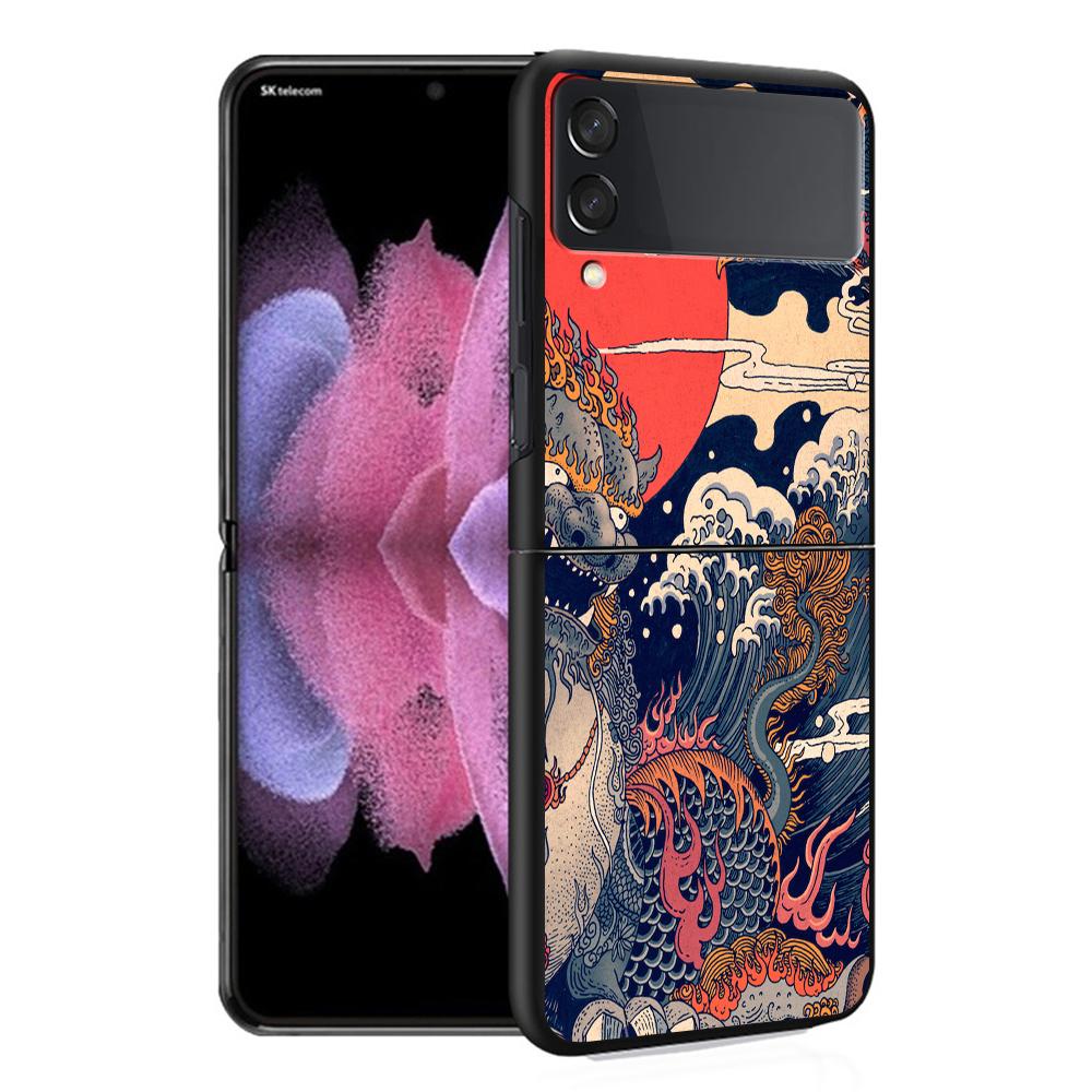 Чехол Wave Art японский зеленый Illust для Samsung Galaxy Z Flip 3 5G ZFlip ZFlip3 Z Flip 4 ZFlip4 Жесткий ПК Роскошные чехлы Funda