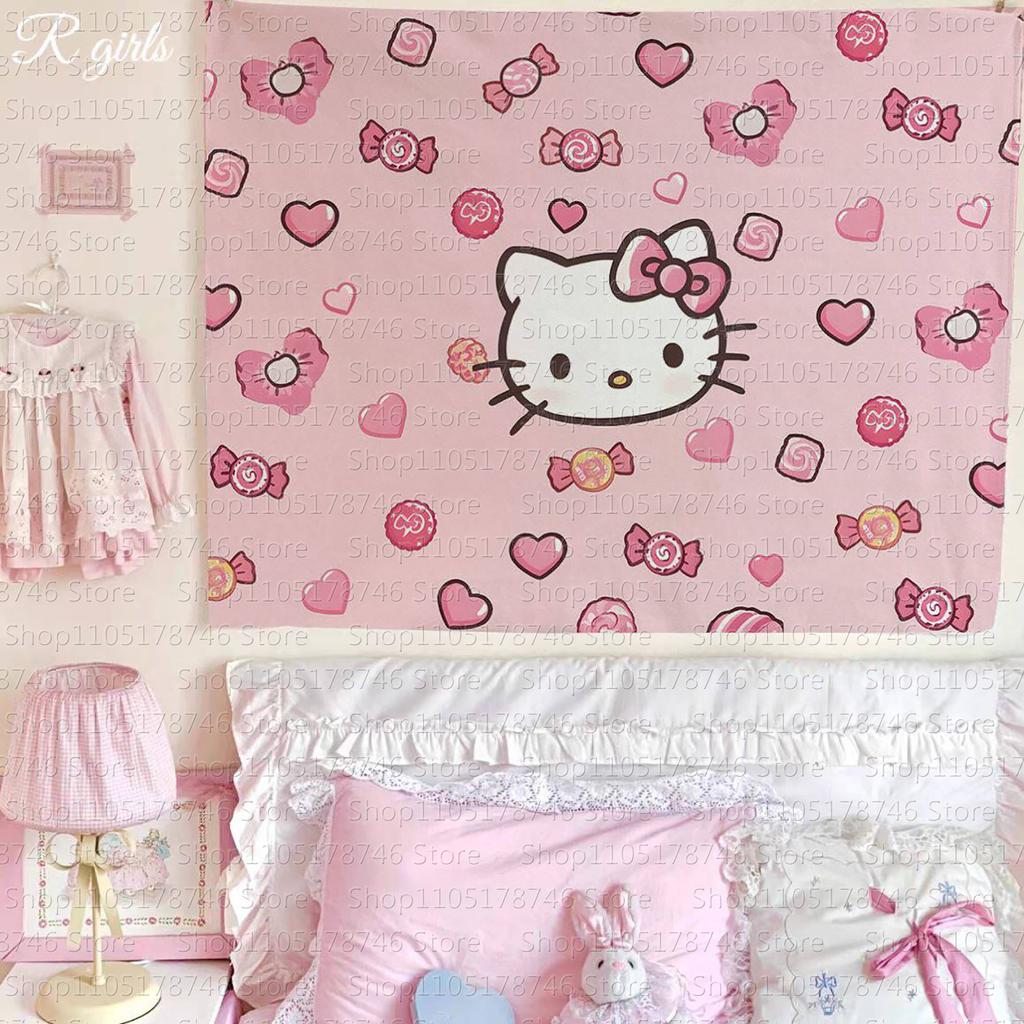 Очаровательный розовый гобелен с сердцем Hello Kitty, кавайная аниме-декорация для стены, гобелен с принтом сердца для девочек, супер милый декор