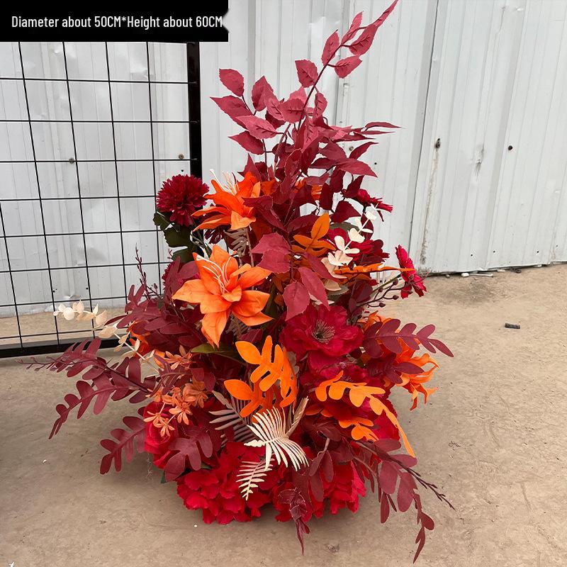 Red Floral Wedding Stage Backdrop with Artificial Flower Rows