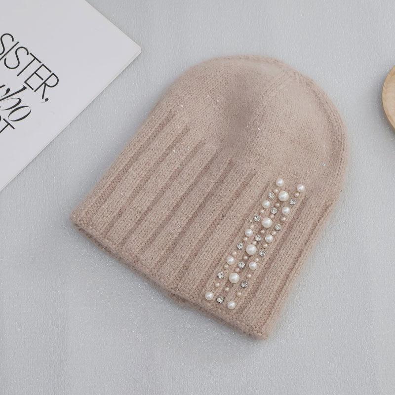 Пуловер из кроличьего меха, вязаная шапка, женская, осенне-зимняя, теплая шерстяная шапка, модный головной убор с жемчугом, для улицы