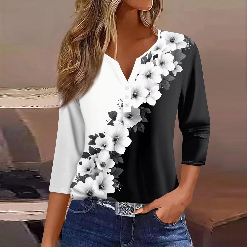 Жен. Футболка С принтом Пуговицы Рукав 3/4 Повседневные Выходные Мода Классический Классический V-образный вырез Обычный Верх
