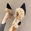 Luxury Fur Winter Women's Warm Slippers Women Solid Fashion Baotou High Heels Ladies Fluffy Plush Indoor Home Mules Shoes Female
