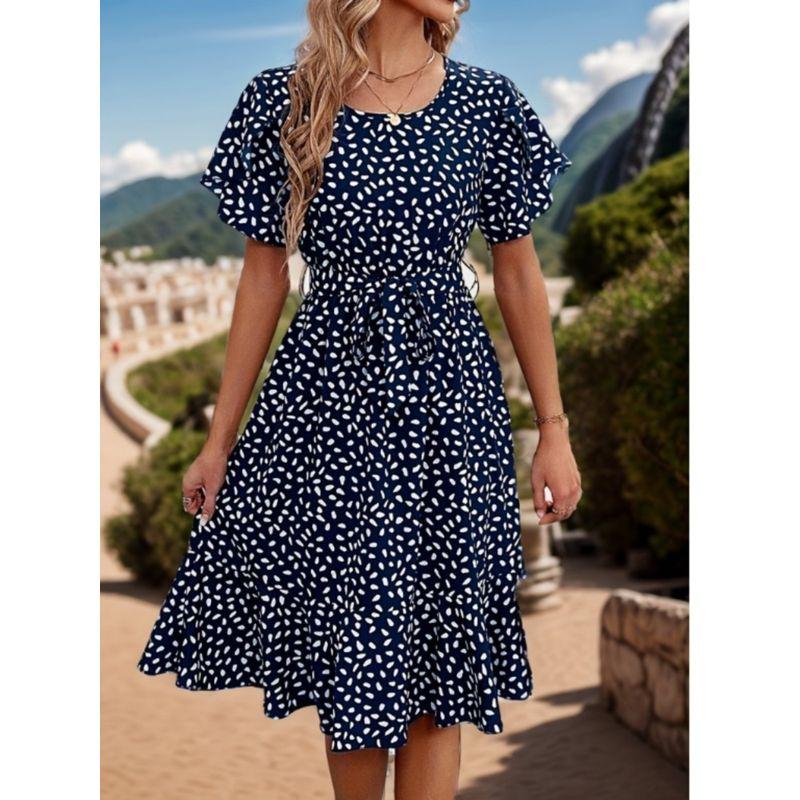 Cross-Border European and American Summer New Fashion Dots Print Waist Hugging Frill Short Sleeve Mid-Length Dress Dress