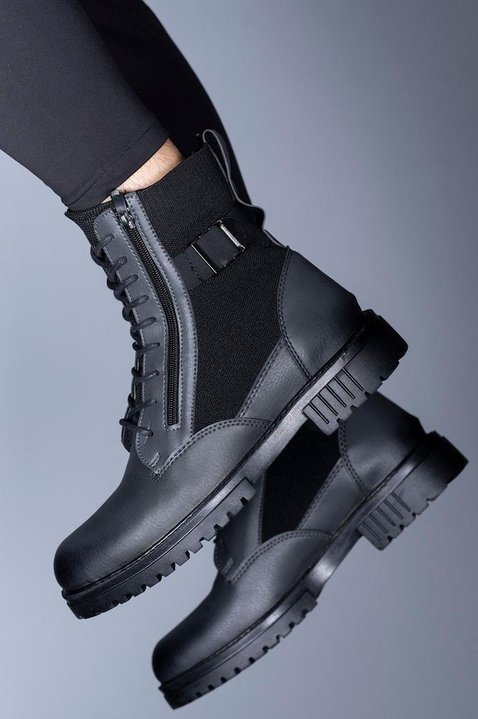 Men's Fashion Faux Leather Flat Heeled Booties Smoked Zipper Boots Shoes