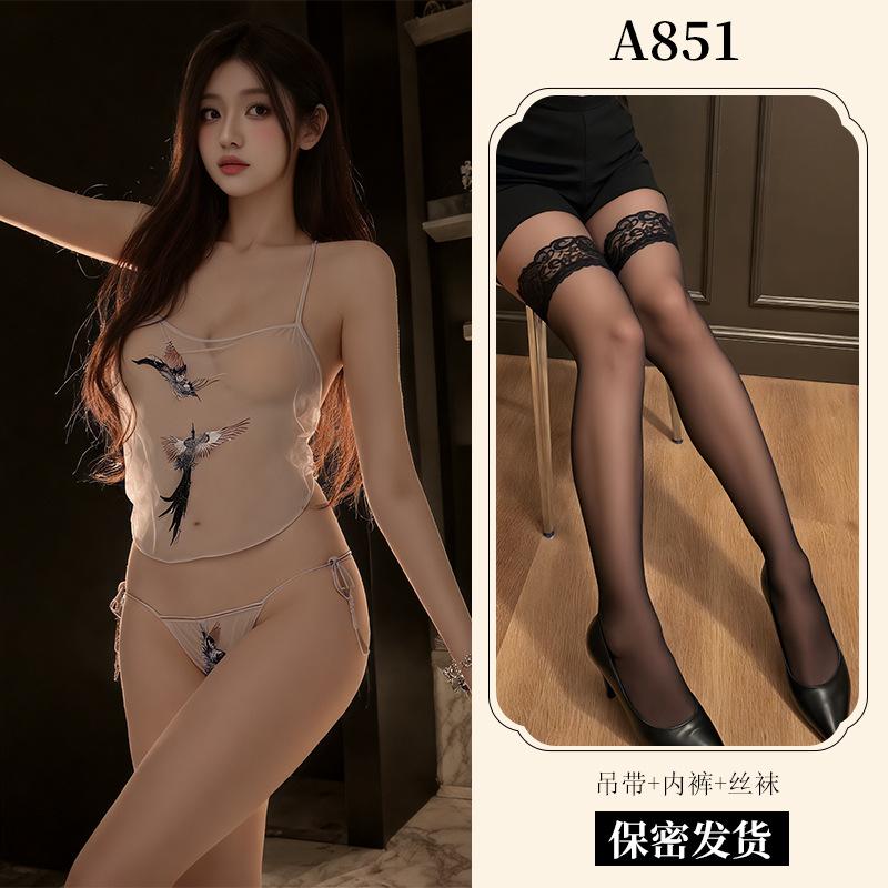 Sex Underwear Pure Desire Transparent Mesh Embroidery Suspender Belly Pocket Strap Panty Set Battle Robe Pajamas A