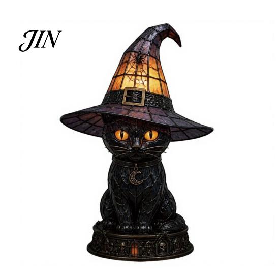 Mantelpiece Night Light Halloween Witch Cat Light, Resin Table Lamp with Warm Cozy Fall Glow, Gothic Home Decor for Bedroom Shelf, Spooky Gift