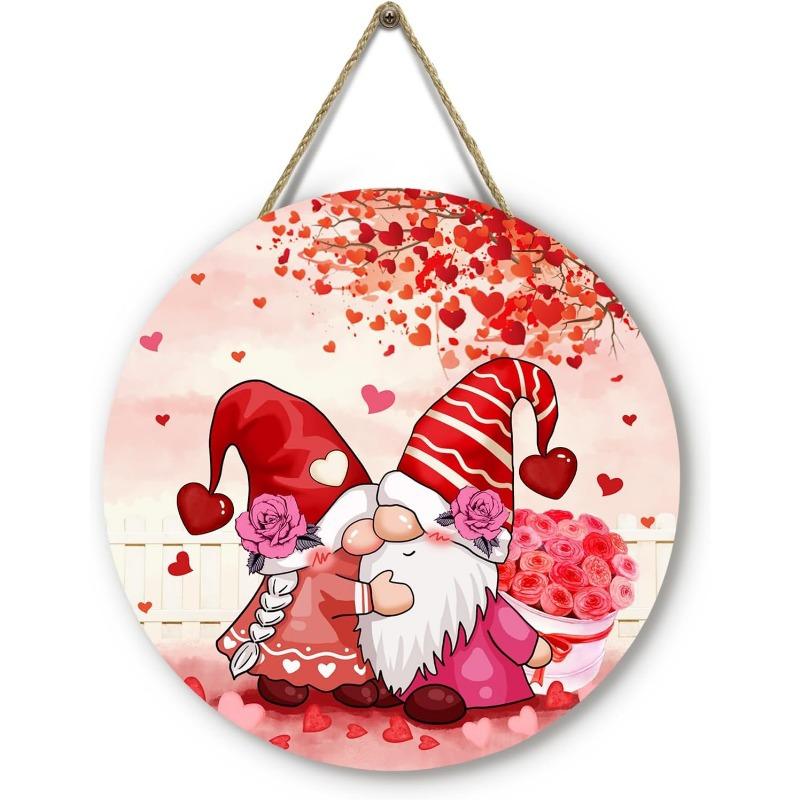 Valentine's Day Gnomes Front Door Sign Red Hearts Rose Door Hanger Valentines Wood Porch Wall Sign Anniversary Wedding Holiday Home Garden Hanging