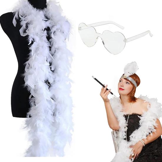 Боа из перьев индейки Пушистый боа шарф с безободковыми солнцезащитными очками в форме сердца Аксессуар для костюма на Хэллоуин Рождество для женщин девушек