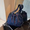 Women's Vintage Floral Denim Bucket Shoulder Bag Casual Embroidered Large Capacity Handbag with Polyester Lining