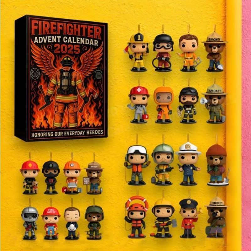 Firefighter Advent Calendar 2025, 24 Days Christmas Countdown Calendar With 2D Flat Acrylic Firefighter Themed Decorations,Gift For Firefighter