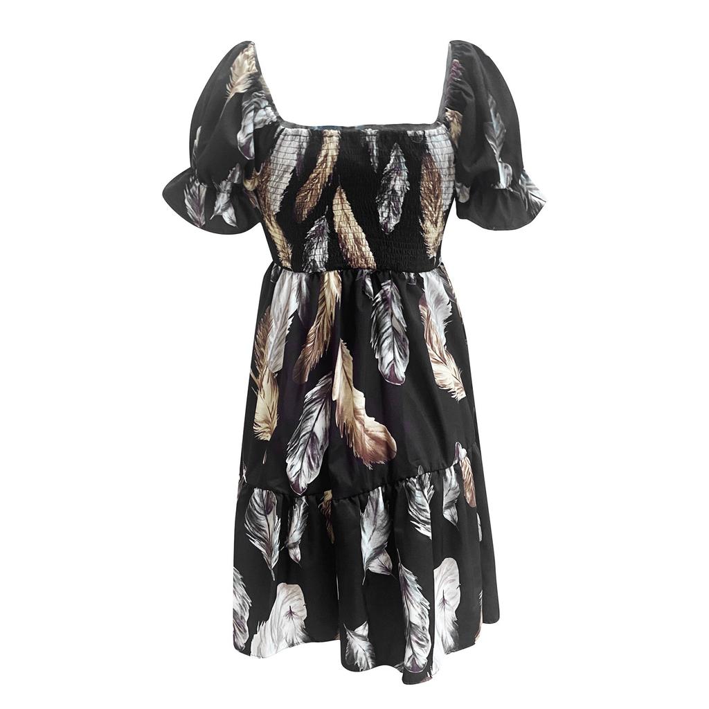 Women's Summer Fashion One Neck Short Gradient Printed Sleeve Mini Dress Ruffle Dress