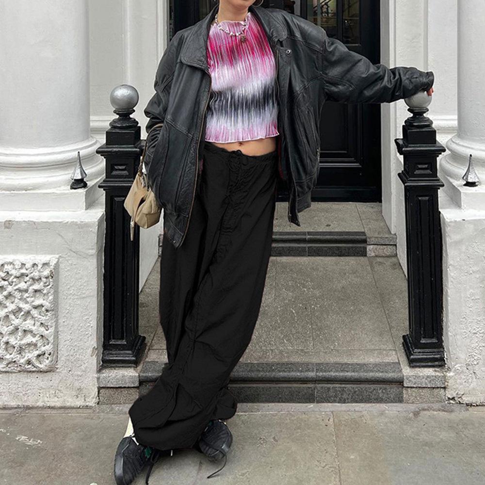 Брюки-карго, женские спортивные штаны с низкой талией, мешковатые широкие брюки с карманами на шнурке, винтажные белые брюки-парашют в Корейском стиле