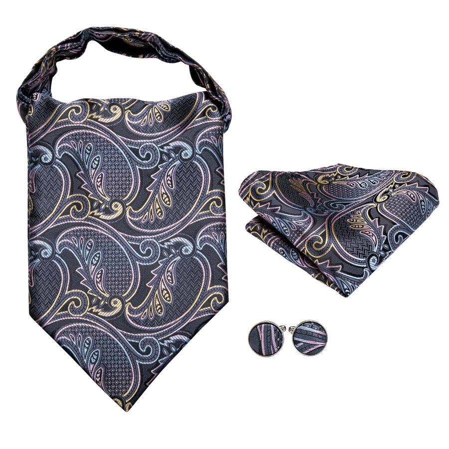 Hi-Tie Fashion Designe Mens Silk Ascot Tie Set Grey Paisley Ascot Tie with Handkerchief Cufflinks