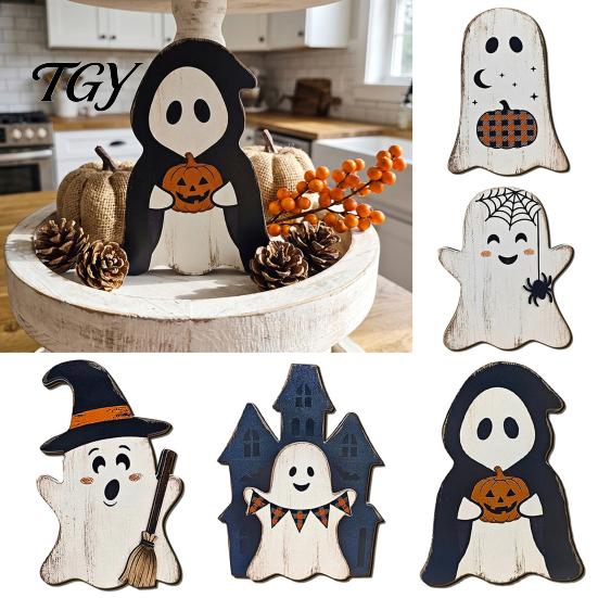 Halloween Wooden Table Decor Tabletop Decorative Plaque, Rustic Distressed Wood Art Sign, Cute Tiered Tray Decorations Ghost Patterns Design,