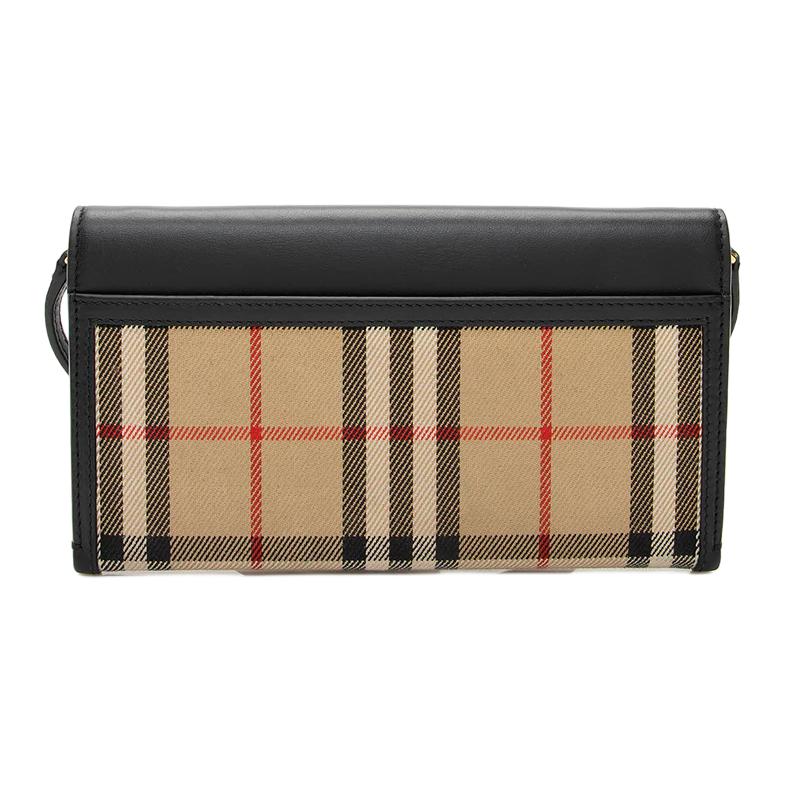 Burberry Vintage Check & Black Leather Wallet Crossbody Bag With Gold Hardware For Daily Use