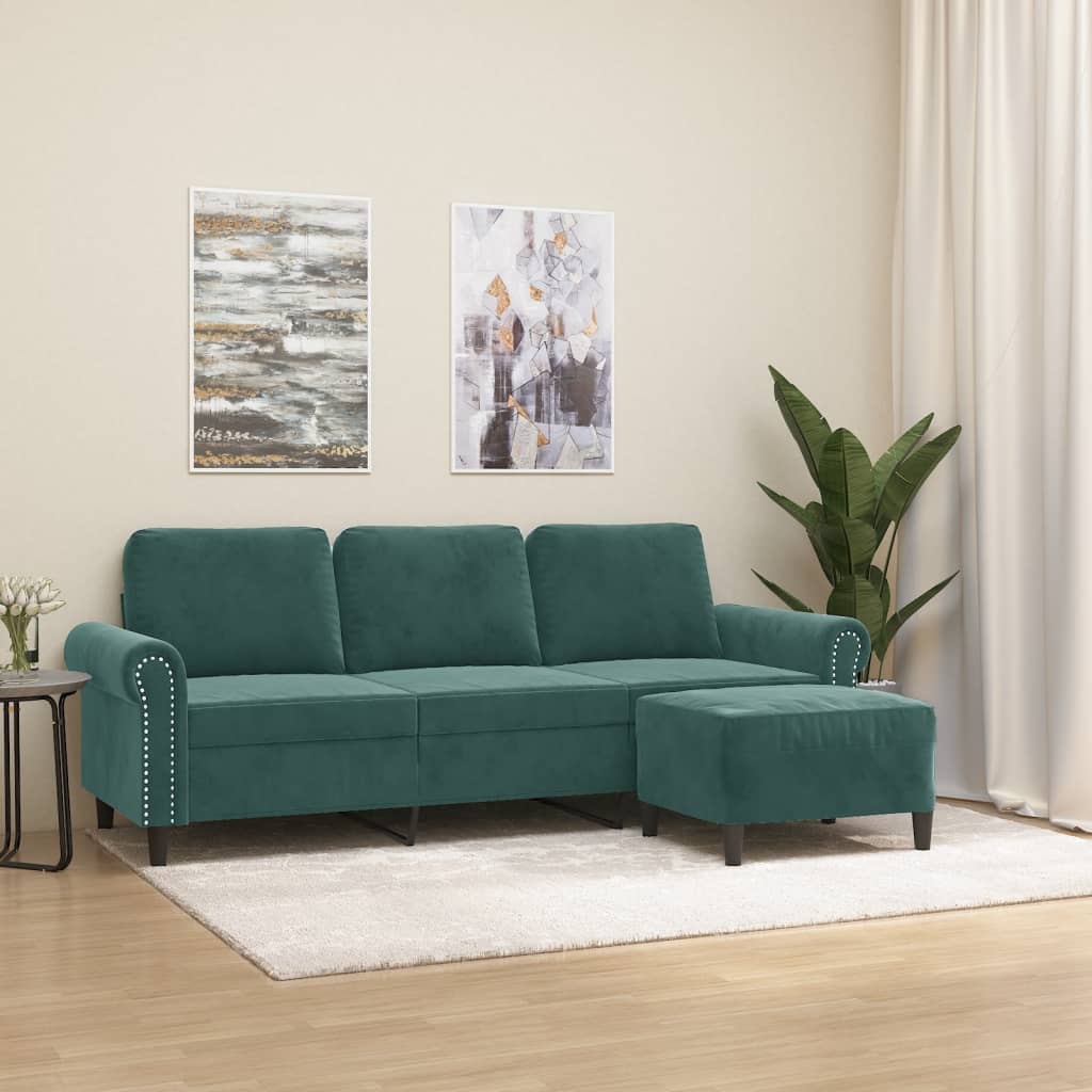 3 Seater Sofa with Footstool Dark Green 180 cm Velvet