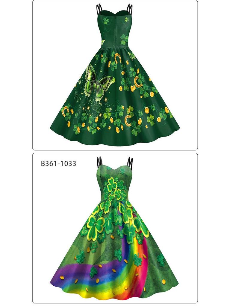 Женское платье с лямками-спагетти и клевером - Ст. Одежда для ирландского фестиваля в День Святого Патрика