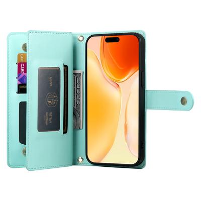 DF-011 Чехол для iPhone 16 Plus Кожаный кошелек с карманом на молнии Чехол для телефона с ремешками